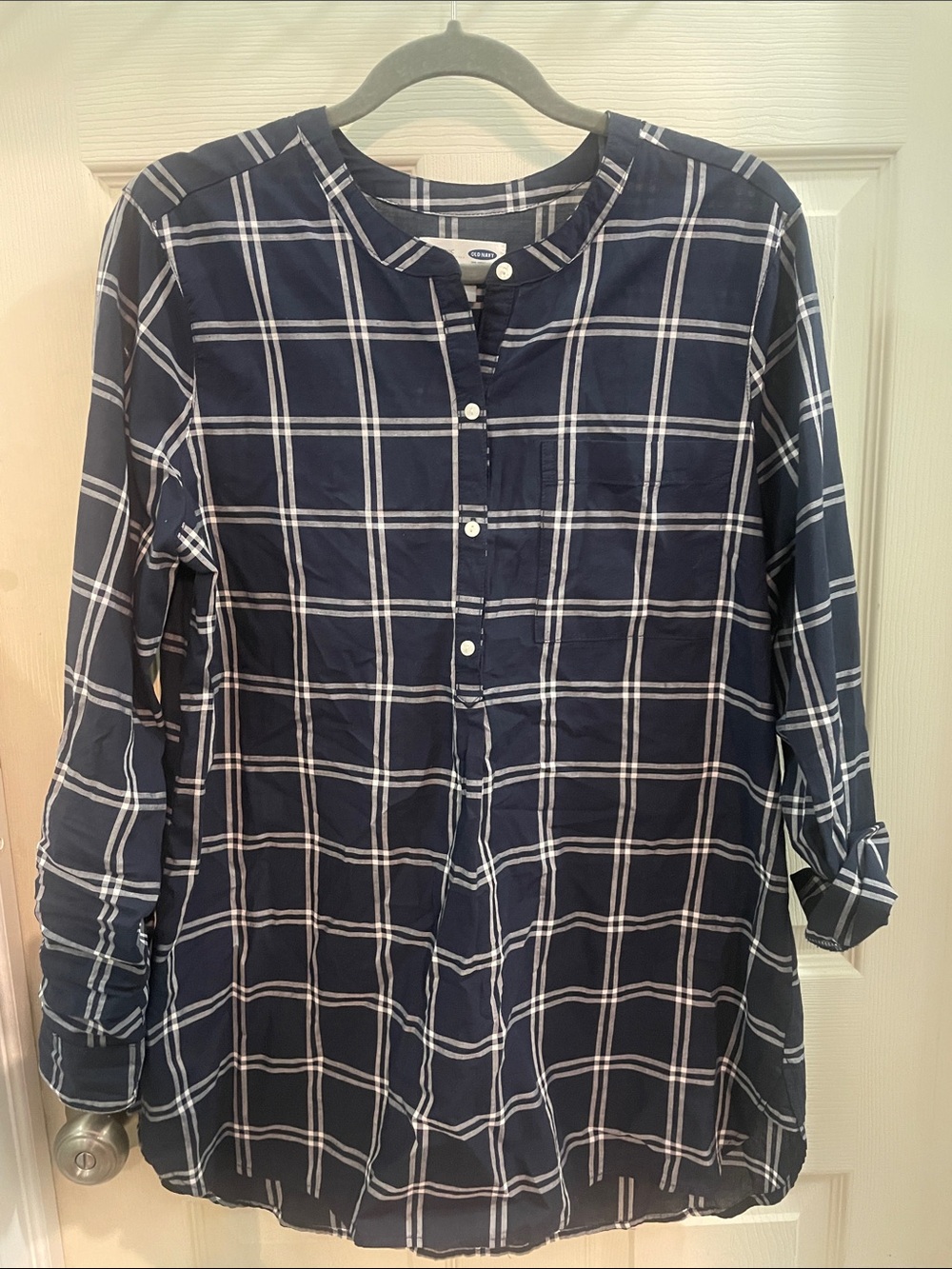 Old Navy Navy and White Plaid Tunic Button-Front Top